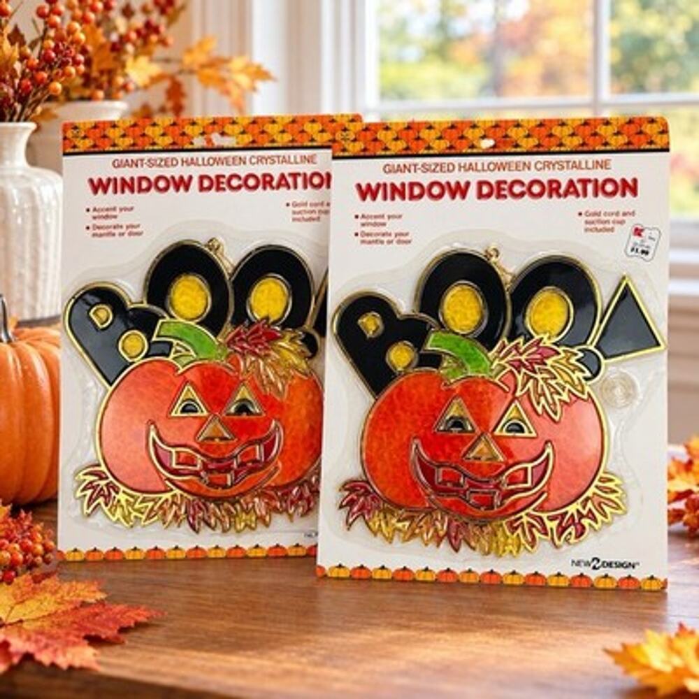 Vintage New Design Halloween Crystalline Window Suncatcher PumpkinBoo Lot Of 2
